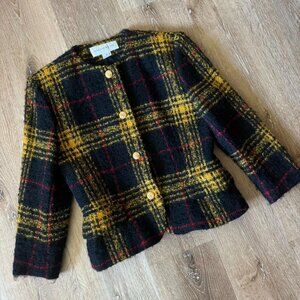 Vintage Jones New York Wool Plaid Yellow Black Red Blazer Jacket Coat